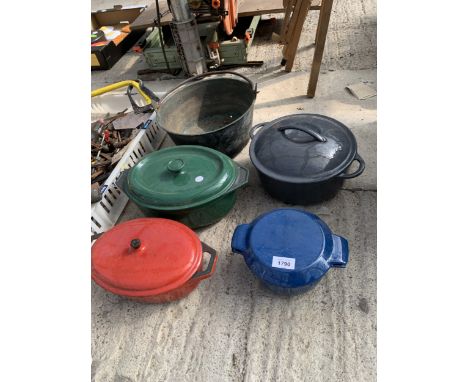 A BRASS JAM PAN AND FOUR CAST IRON COOKING POTS