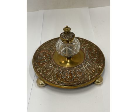 AN ELECTROTYPE VICTORIAN INK STAND AND INKWELL - 22 CM (D)