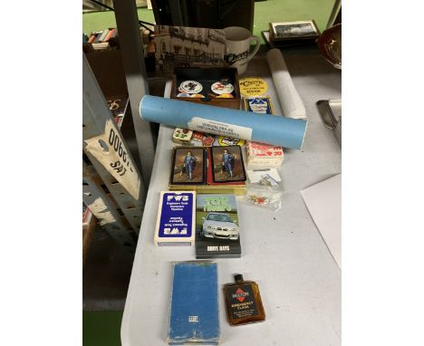 A QUANTITY OF VINTAGE BADGES, PLAYING CARDS, ENAMEL BADGES, ETC.,