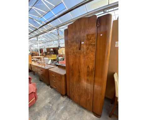 A MID 20TH CENTURY LEBUS WALNUT BEDROOM SUITE COMPRISING: WARDROBE, DRESSING CHEST AND CHEST OF DRAWERS