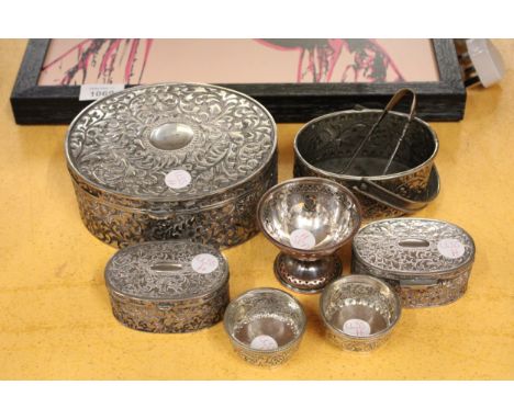 A QUANTITY OF SILVERPLATE REPOUSSE TRINKET BOXES TOGETHER WITH A PIERCED FOOTED BOWL, ETC.,