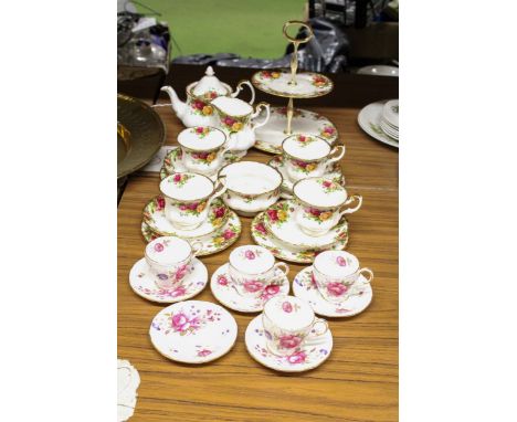 A ROYAL ALBERT 'OLD COUNTRY ROSES' TEASET TO INCLUDE A SMALL TEAPOT, CAKE STAND, SUGAR BOWL, CREAM JUG, CUPS, SAUCERS AND SID