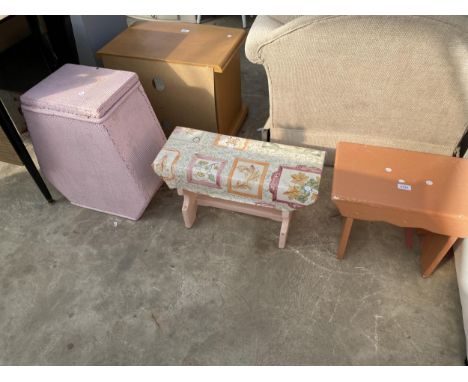 TWO VICTORIAN PAINTED STOOLS AND A LLOYD LOOM STYLE LINEN BOX