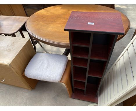 A RETRO SCHREIBER BENT PLYWOOD DRESSING STOOL AND A STORAGE RACK, 14" WIDE