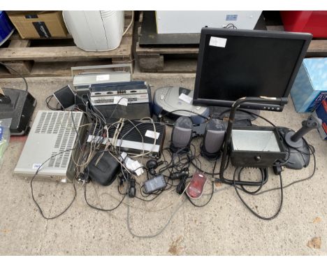 AN ASSORTMENT OF ITEMS TO INCLUDE A DENON CD PLAYER, RETRO RADIOS AND SPEAKERS ETC