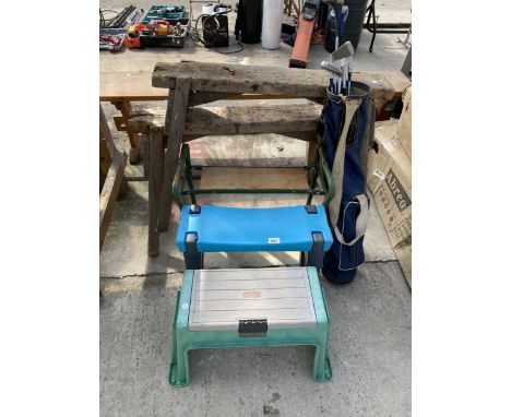 TWO WOODEN SAW HORSES, THREE GARDEN KNEELERS AND GOLF CLUBS
