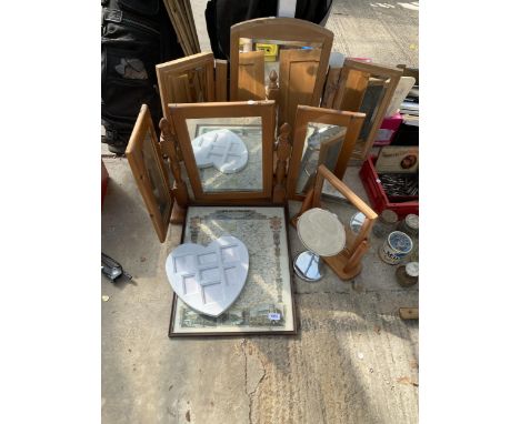 FOUR VARIOUS DRESSING TABLE MIRRORS, A PICTURE FRAME AND A MAP ETC
