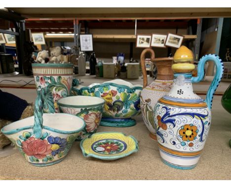 A HAND PAINTED DERUTA CERAMIC OIL BOTTLE (ITALY) TOGETHER WITH A GREEK AMPHORA AND OTHER HANDPAINTED CERAMICS TO INCLUDE A BA