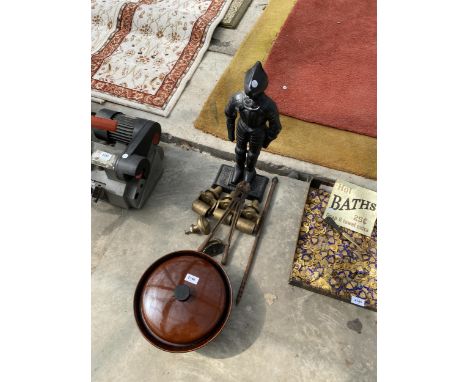 AN ASSORTMENT OF ITEMS TO INCLUDE BRASS ROLLERS, A KNIGHT COMPANION STAND AND A COOKING POT ETC