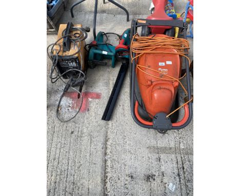 AN ASSORTMENT OF ELECTRIC GARDEN TOOLS TO INCLUDE A FLYMO, A BOSCH CHAINSAW AND AN ARC WELDER ETC