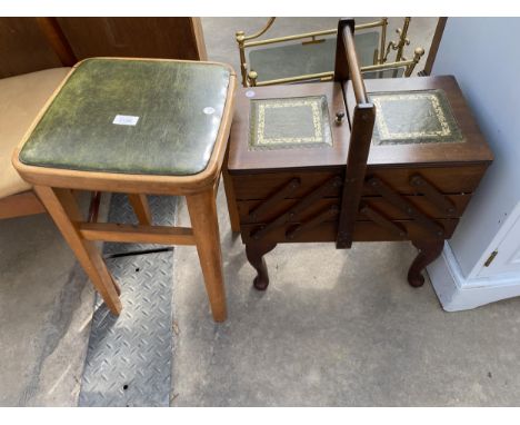 A CANTILEVER SEWING BOX AND A 1950'S STOOL