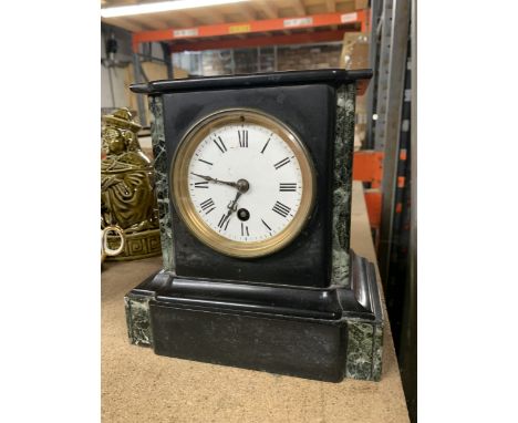 A VICTORIAN FALSE SLATE MANTLE CLOCK WITH MOON SPADE HANDS, ENAMEL DIAL AND PENDULUM