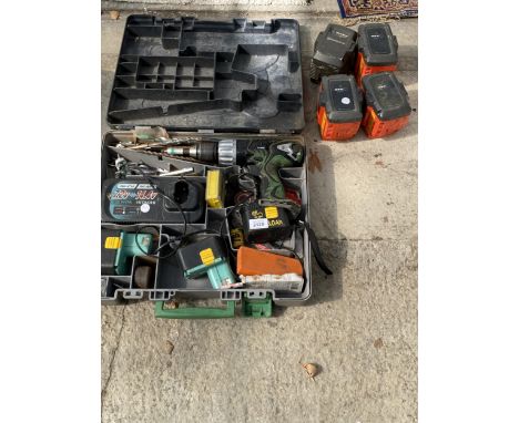 AN HITACHI BATTERY DRILL WITH CHARGER AND CARRY CASE AND FOUR HUQVARNA BATTERIES