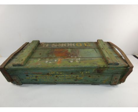 A 1942 PAINTED WOOD SMOKE GRENADE BOX, WIDTH 65CM
