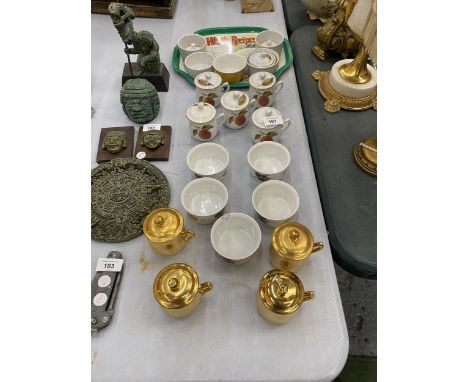A QUANTITY OF ROYAL WORCESTER EVESHAM POTS DE CREME SOME FROM THE GOLD COLLECTION TOGETHER WITH RAMEKINS AND A METAL WELSH RE