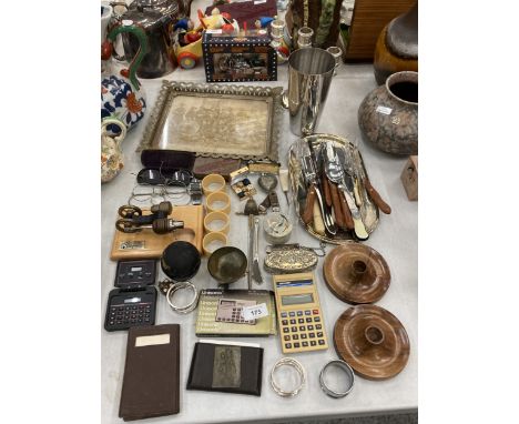 A MIXED LOT TO INCLUDE VINTAGE SPECTACLES, FLATWARE, CANDLEABRA, CALCULATORS, NAPKIN RINGS, TRINKET BOXES, ETC