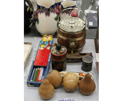 A QUANTITY OF ITEMS TO INCLUDE A VINTAGE WOODEN CLOWN PENCIL BOX, WOODEN FRUIT, A BAREL SHAPED ICE BUCKET, HOHNER ECHO-LUXE H