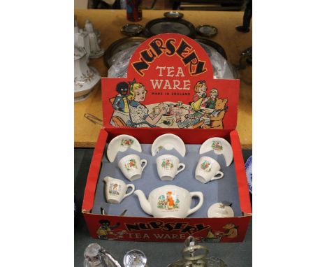 A VINTAGE NURSERY TEA WARE CHILD'S MINIATURE NURSESRY RHYME THEMED TEASET TO INCLUDE A TEAPOT, CREAM JUG, SUGAR BOWL, CUPS AN