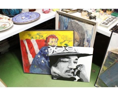 THREE PAINTINGS TO INCLUDE AN OIL ON CANVAS OF A MAN, AN OIL ON BOARD PORTRAIT OF A LADY AND A CANVAS SIGNED SEVE