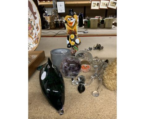 A WEDGWOOD GLASS DOLPHIN PAPERWEIGHT TOGETHER WITH A MURANO CLOWN, PURPLE SWIRL PAPERWEIGHT ETC.,