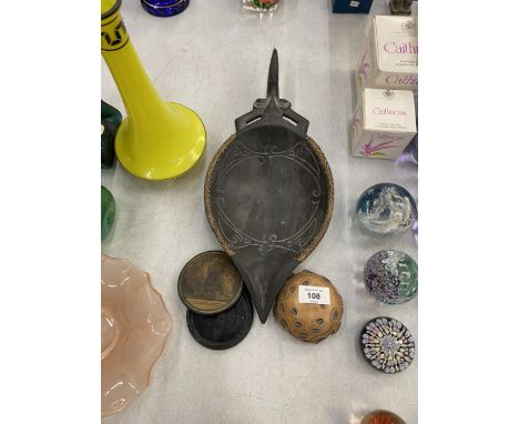 AN AUSTRALIAN BANKSIA NUT TOGETHER WITH  AN AFRICAN SERVING BOWL AND A PAPIER-MACHE SNUFF BOX