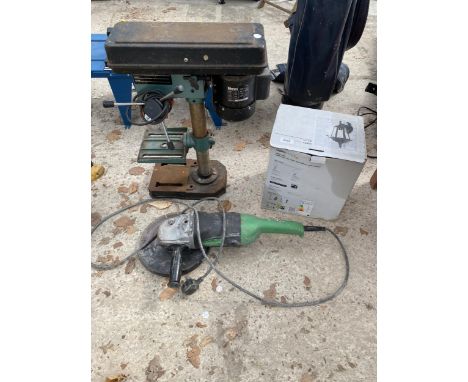 THREE ITEMS TO INCLUDE A FERM PILLAR DRILL, AN HITACHI ANGLE GRINDER AND AN IOUTDOOR LIGHT