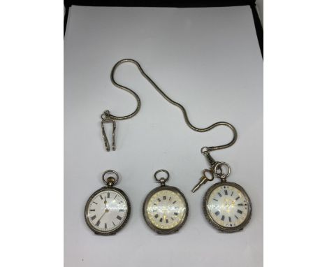 THREE MARKED SILVER LADIES POCKET WATCHES ONE WITH KEY AND TWO WITH DECORATIVE ENAMEL FACES