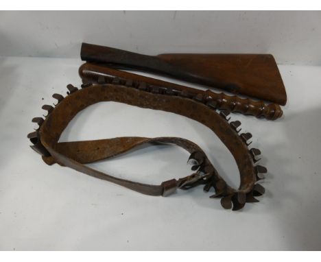 A WOODEN TRUNCHEON, LENGTH 39.5CM, GUN STOCK AND A CARTRIDGE BELT