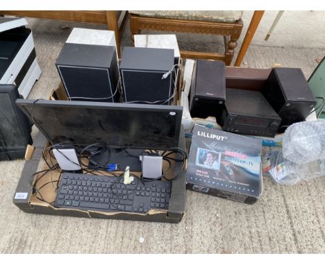 AN ASSORTMENT OF ITEMS TO INCLUDE A COMPUTER MONITOR, PIONEER CD PLAYER AND VARIOUS SPEAKERS