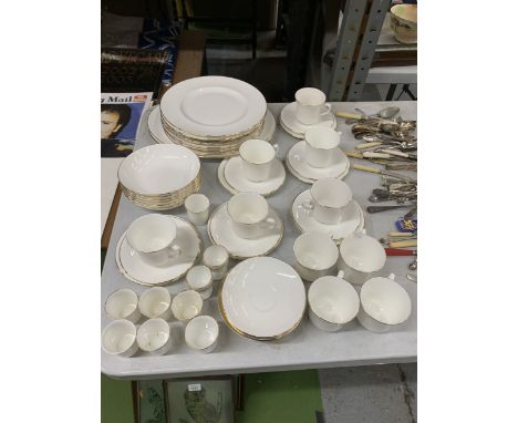 A QUEEN ANNE PART DINNER SERVICE WHITE WITH GOLD RIM TO INCLUDE BOWLS, PLATES, CUPS AND SAUCERS, ETC.,