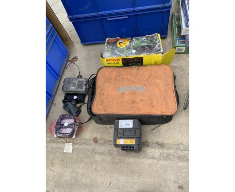 AN ASSORTMENT OF ITEMS TO INCLUDE A BOSCH ELECTRIC PLANE AND A STIHL BATTERY CHARGER ETC