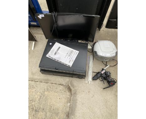 AN ASSORTMENT OF ITEMS TO INCLUDE A SAMSUNG TELEVISON WITH REMOTE, A SONY VHS PLAYER AND A TOSHIBA DVD PLAYER ETC
