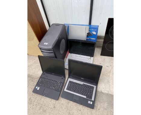FOUR VARIOUS LAPTOPS, A COMPUTER TOWER AND A KEYBOARD ETC