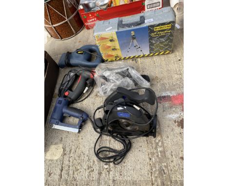 AN ASSORTMENT OF TOOLS TO INCLUDE A NAIL GUN, A CIRCULAR SAW AND A NEW AND BOXED WORKZONE LASER LEVEL KIT