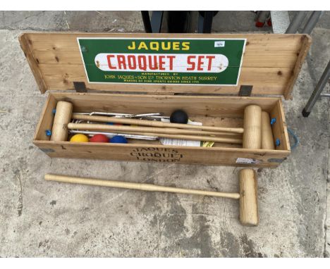A BELIEVED COMPLETE JAQUES CROQUET SET WITH WOODEN BOX