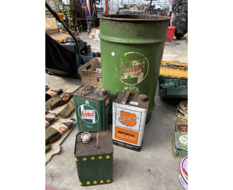 THREE VINTAGE OIL CANS AND AN OIL DRUM TO INCLUDE CASTROL