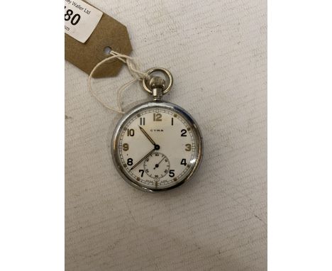 A CYMA MILITARY POCKET WATCH, 4.5CM WHITE ENAMEL DIAL, THE BACK WITH BROAD ARROW MARK AND G.S.T.P. T26767