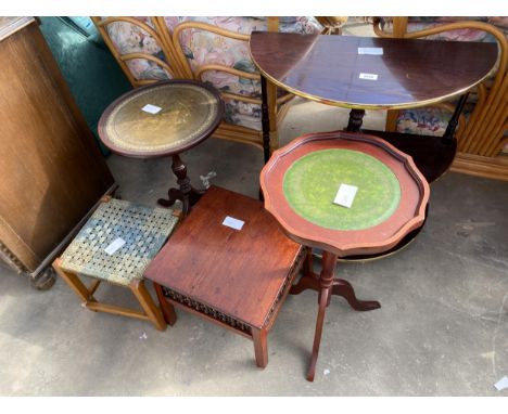 TWO WINE TABLES, TWO STOOLS AND A DEMI LUNE TABLE