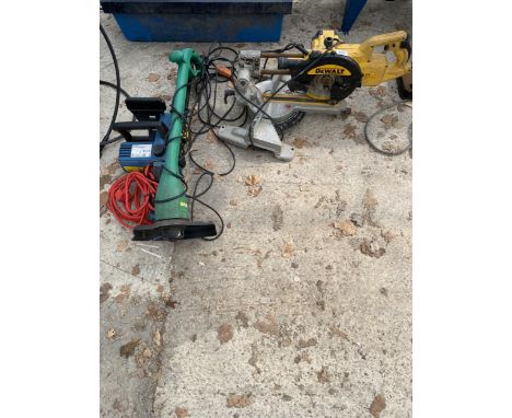 THREE ITEMS TO INCLUDE A DEWALT COMPOUND MITRE SAW, A WORKZONE ELECTRIC CHAINSAW AND A GRASS STRIMMER