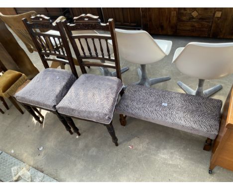 A PAIR OF EDWARDIAN DINING CHAIRS AND STOOL WITH MATCHING UPHOLSTERY