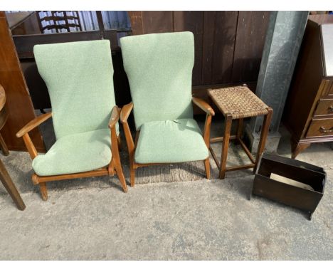 A PAIR OF FIRESIDE CHAIRS, MAGAZINE RACK AND TALL STOOL