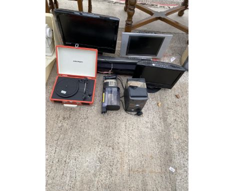 AN ASSORTMENT OF ITEMS TO INCLUDE A CROSSLEY PORTABLE RECORD PLAYER, TELEVISIONS AND SPEAKERS ETC