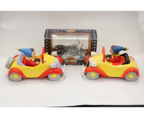TWO VINTAGE NODDY CARS AND A BOXED HARLEY-DAVIDSON