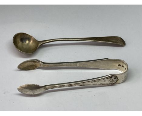 TWO HALLMARKED LONDON SILVER ITEMS TO INCLUDE A SPOON AND A PAIR OF TONGS
