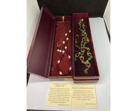 TWO BOXED NECKLACE AND EARRING SETS TO INCLUDE A GOLD PALTED SILVER GREEN AVENTURINE AND A GARNET AND PEARL (PASTTIMES)
