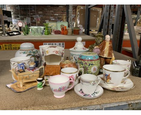 A MIXED LOT TO INCLUDE AN ORIENTAL STAFFORDSHIRE FIGURE, SADLER TEA CADDY, CARDEW DESIGN MINIATURE TEAPOT, FLORIS CERAMIC CAN