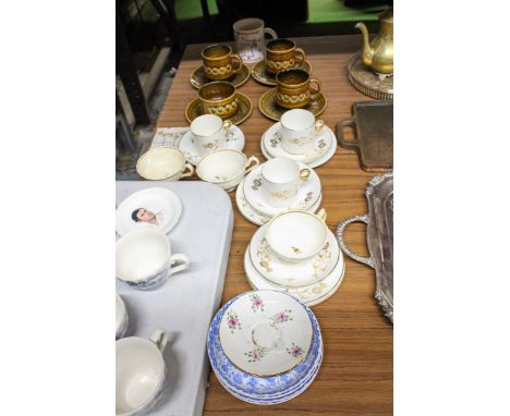 A QUANTITY OF CHINA AND DENBY STYLE CUPS, SAUCERS AND SIDE PLATES