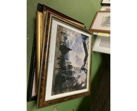 FIVE FRAMED PRINTS TO INCLUDE A CARICATURE OF THE RIGHT HON. VISCOUNT MONKTON OF BENCHLEY, HUDDERSFIELD BEN (DOG), A PAIR OF 