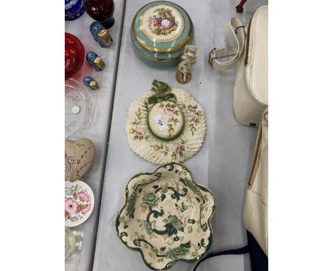 A MASON'S CHARTREUSE BOWL TOGETHER WITH A CERAMIC HAT, FIGURE AND A LARGE PORCELAIN LIMOGLES FRANCE TRINKET POT