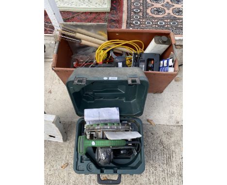AN ASSORTMENT OF TOOLS TO INCLUDE AN HITACHI CIRCULAR SAW, BLACK AND DECKER JIGSAW AND EXTENSION LEAD ETC
